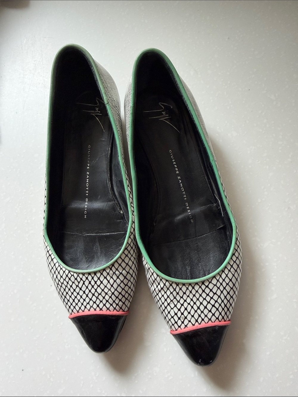 Giuseppe Zanotti Black and White Pointed Flats with Mint and Pink Trim